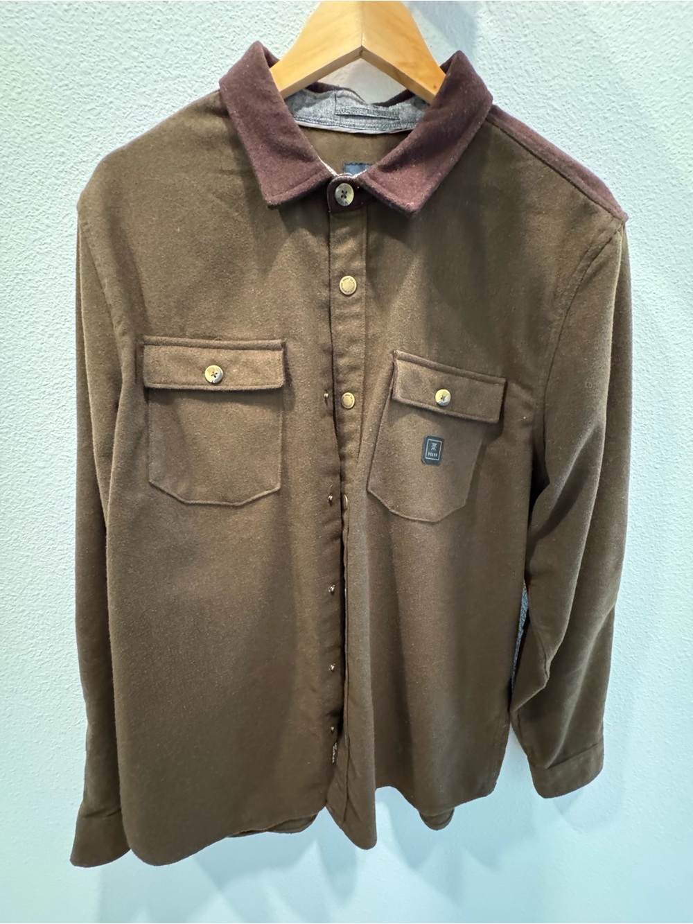 Roark Brown Button-Front Shirt Jacket with Dark Brown Collar